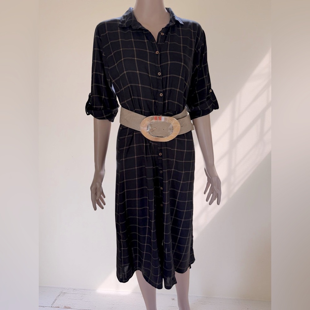 Black Cotton Shirtdress 3/4 Sleeve Midi Medium